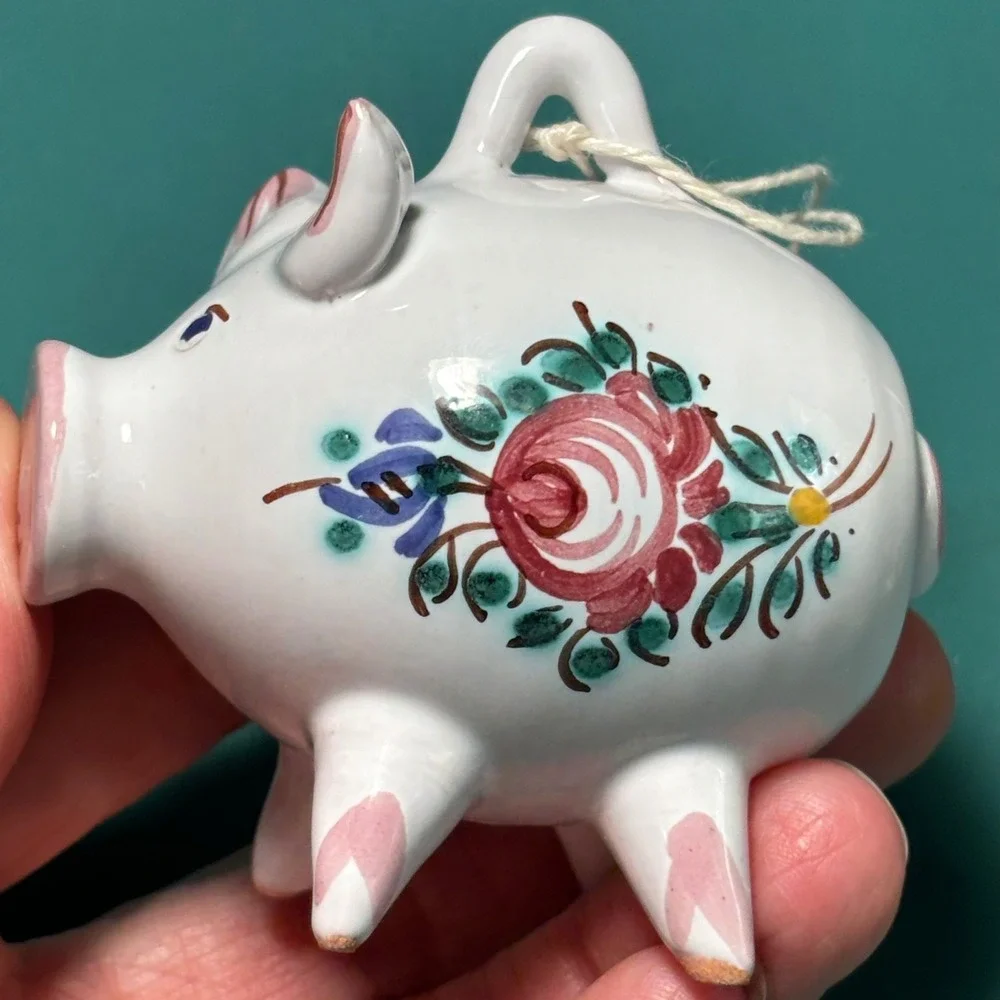Vintage White Hand Painted Floral Ceramic Pig Hanging Ornament Figurine